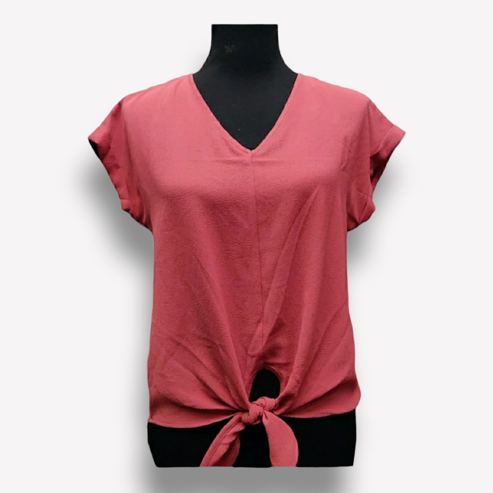 Terracotta Gauze Women's Cuff Sleeve V-Neck Front Tie Blouse
